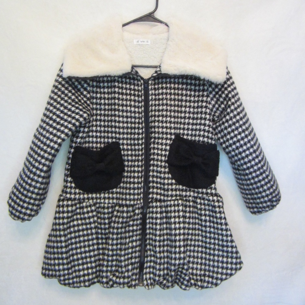 Orbe 15 Girls Small Black/White Houndstooth Fur Collar Bow Pockets Jacket
